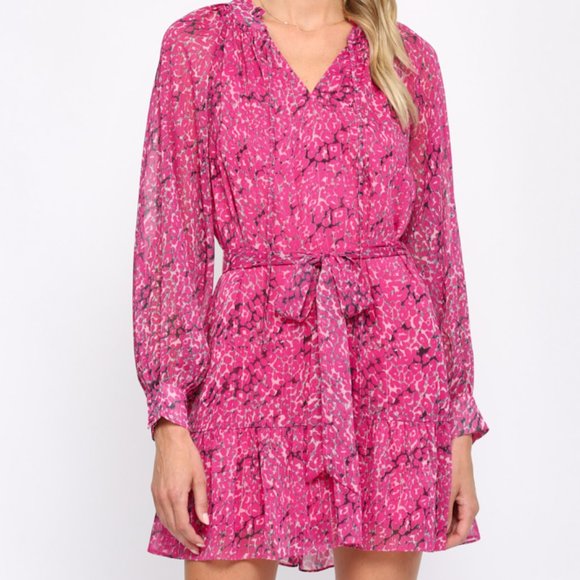 NWT Fate Animal Print With Lurex Chiffon Tie Waist Dress In Hot Pink - Picture 10 of 10